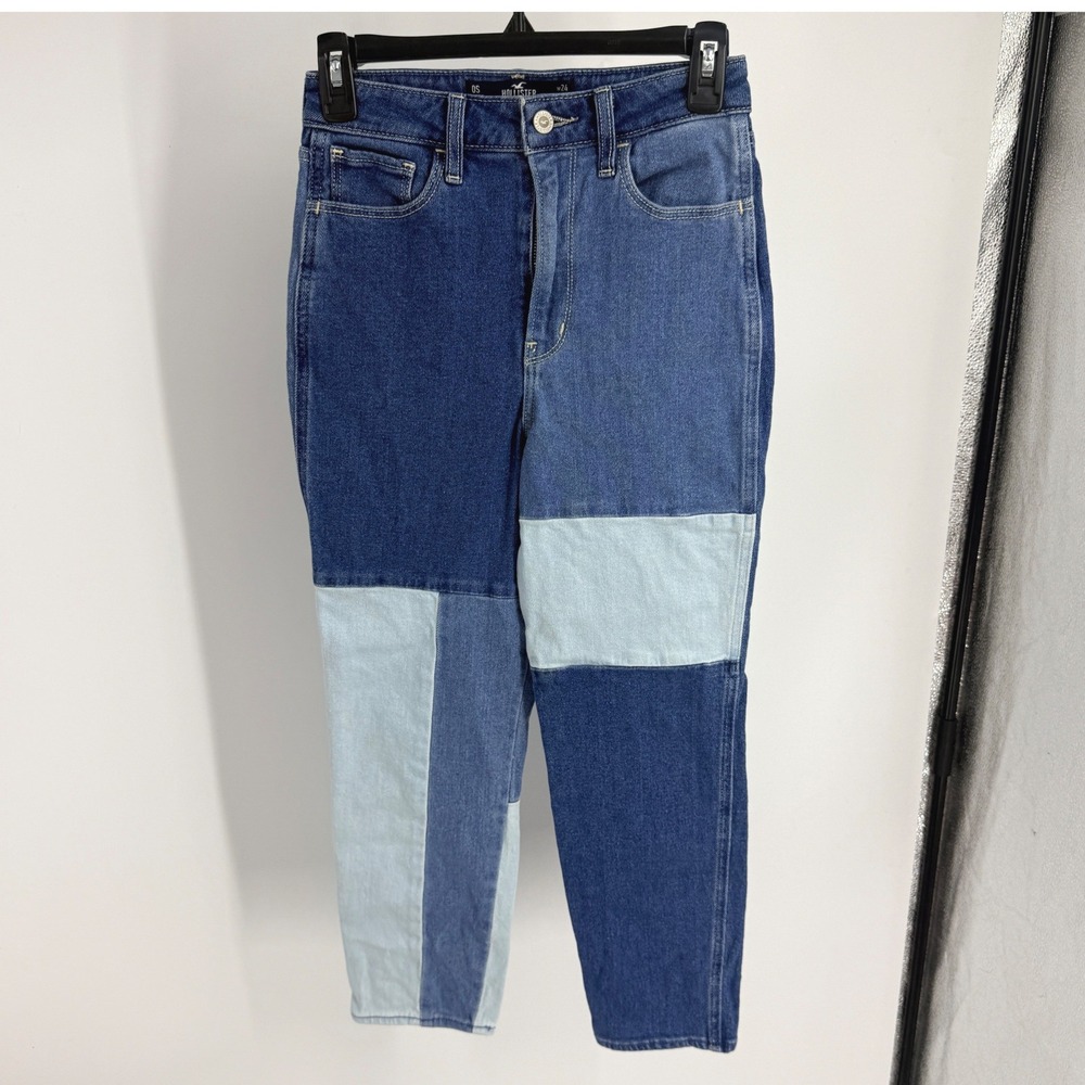 Hollister Ultra High-Rise Mom Jeans Blue Patchwork Colorblock Funky Bold Retro